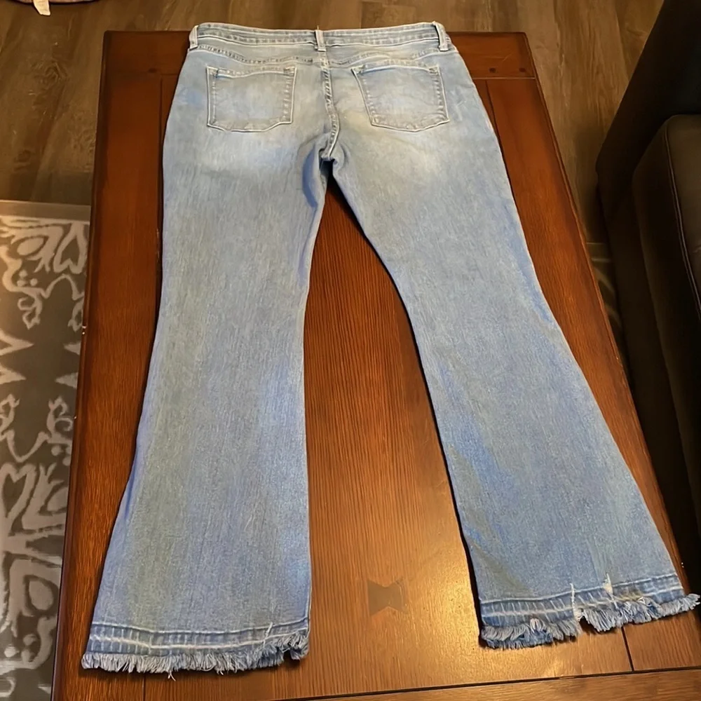 Kancan flare. Light blue denim. Size 32  distressed bottoms. - Picture 8 of 9